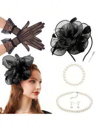 5件套女士茶会礼帽，茶会配饰头饰手套套装，适用于婚礼、鸡尾酒会、德比、情人节服装