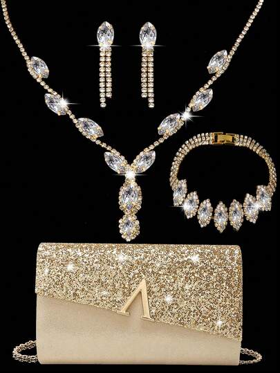 4pcs Women's Rhinestone Earrings, Necklace, Bracelet & Pendant Set, Elegant V-Shaped Metal Decor Clutch Bag, Suitable For Ladies' Ball, Wedding & Party, Can Be Used As Shoulder Bag, Wallet, Handbag, Wedding Bag, Evening Bag, Multifunctional Cocktail Party, Wedding New Wallet, Banquet Bag