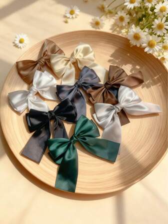 8个彩色蝴蝶结发夹，甜美、可爱、优雅、清新、复古、简约、百搭、时尚，涤纶材质，弹簧夹，适合日常佩戴，秋冬季节适用，爪夹、发夹、发卡