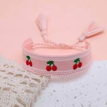 1pc Handmade Woven Cherry Fruit Vintage Boho Casual Vacation Style Bracelet, Holiday Gift, Party, Travel, Friendship Rope - Baby Pink - View 6