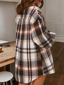 Plus Size Women Elegant Shirt Jacket - Button Front Plaid Lantern Sleeve Loose Version - Office Casual Top, Checkered Pattern Blouse Spring - Multicolor - View 11