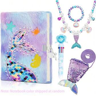 5pcs/Set Mermaid Diary For Girls With Lock And Keys Kit - Princess Diaries Notebook Journal, Ideal For Christmas, Birthday, And Back-To-School Gifts - Cute Stationery School Supplies With Purse, Necklace, Bracelet, Multicolored Pen, Cute Plush Secret Diary For Kids(Notebook Color Shipped At Random)