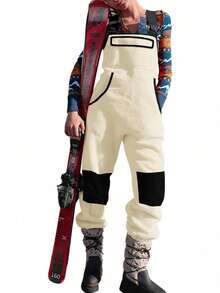 Fisoew Women's Winter Fleece Warm Ski Bibs Overalls Casual Jumpsuits With Pockets Snow Pants S-2XL - Màu be - Xem 3
