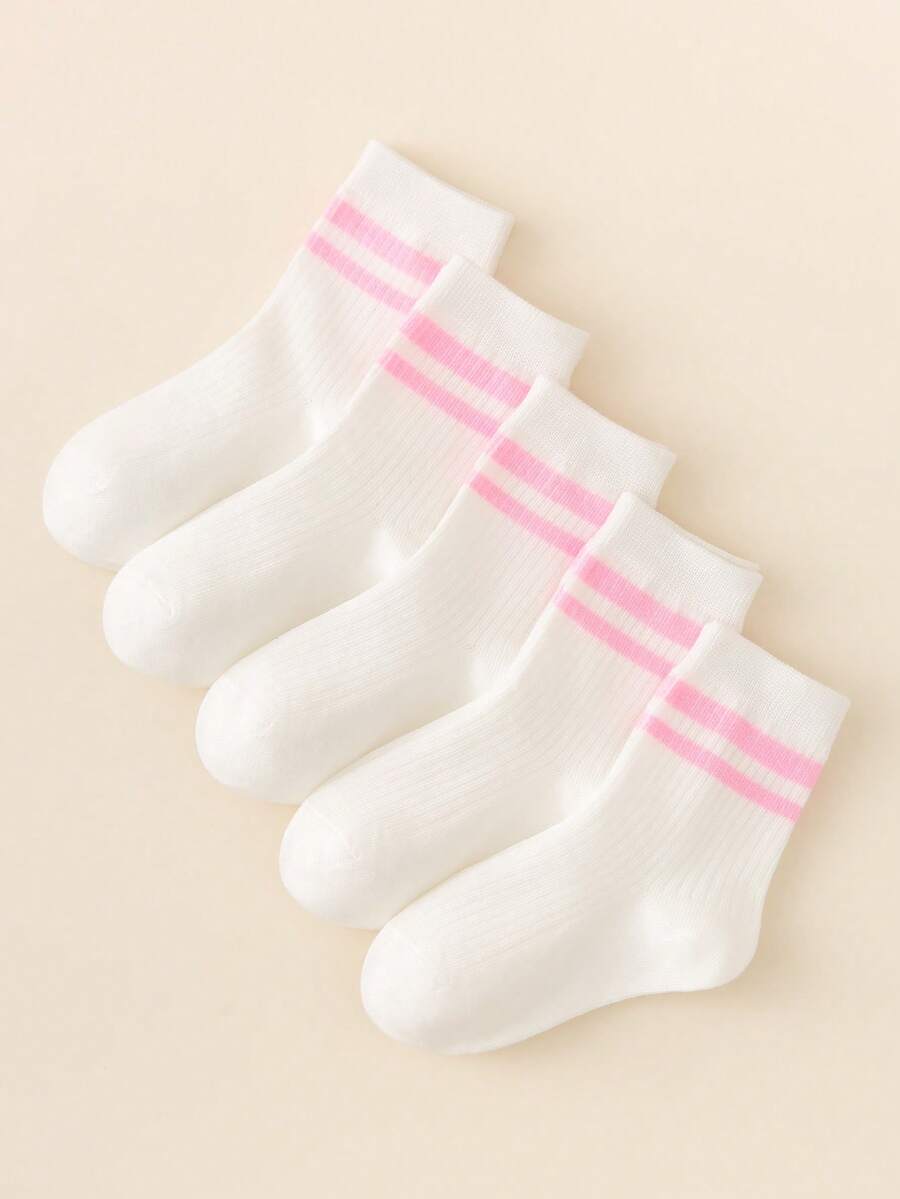 5双装儿童/女孩/男孩白色中筒袜，粉色条纹设计，简约休闲时尚，透气柔软舒适，用途广泛，适合日常生活、返校、校园、运动、户外和休闲场合。 - 彩色 - 查看 1