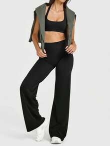Damer med hög midja, enfärgade, lösa och vida yogabyxor, bekväma och bantande, lämpliga för löpning, fitness och yoga - Svart - Visa 8
