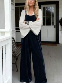 Vintage Solid Velvet Overalls Lazy Jumpsuit - Black - View 2