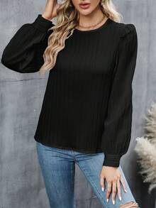 Blusa de cuello redondo con mangas de obispo, textura blanca a rayas, para mujeres en otoño y primavera - negro puro - Ver 4