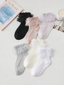 6 đôi tất ren cotton cho bé gái, tất khiêu vũ màu trơn, tất công chúa thường ngày cho trẻ em và thanh thiếu niên - Nhiều màu - Xem 2