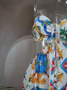 Boho Sexy Geometric Floral Print Halter Open Back Ruffle Hem Maxi Dress, Suitable For Holiday, Travel, Daily Wear, Summer - Multicolor - View 2