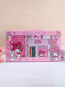 Sanrio Hello Kitty & Kuromi 卡通人物文具礼盒套装，包含铅笔、笔记本、卷笔刀、铅笔盒、尺子、橡皮和蜡笔，三丽鸥正版授权