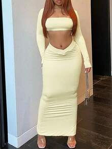 2pcs Women's Summer Solid Color Outfit - Cropped Long Sleeve Top And Bodycon Skirt Set, Fitted Sexy Fashion Versatile Suit For Dates, Vacation - Light Yellow - View 3
