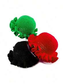 1pc Solid Color Hand-Knitted Crochet Cap, Bohemian Style Pleated Floppy Hat With Ruched Brim, Casual Cute Retro Street Fashion Polyester Knit Bucket Hat - Nhiều màu - Xem 8