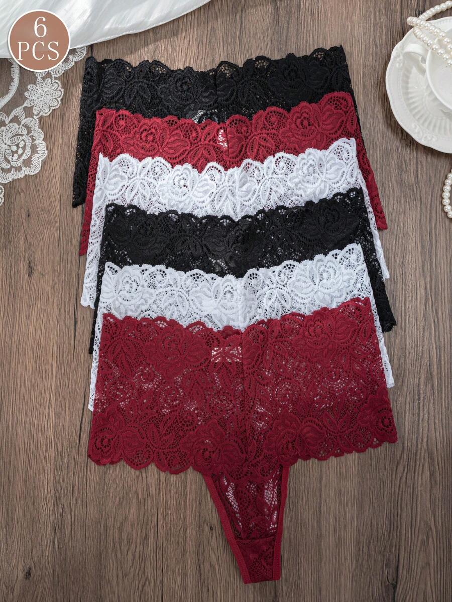 6pcs/Pack Women's High Waist Sexy Lace Thong Panties