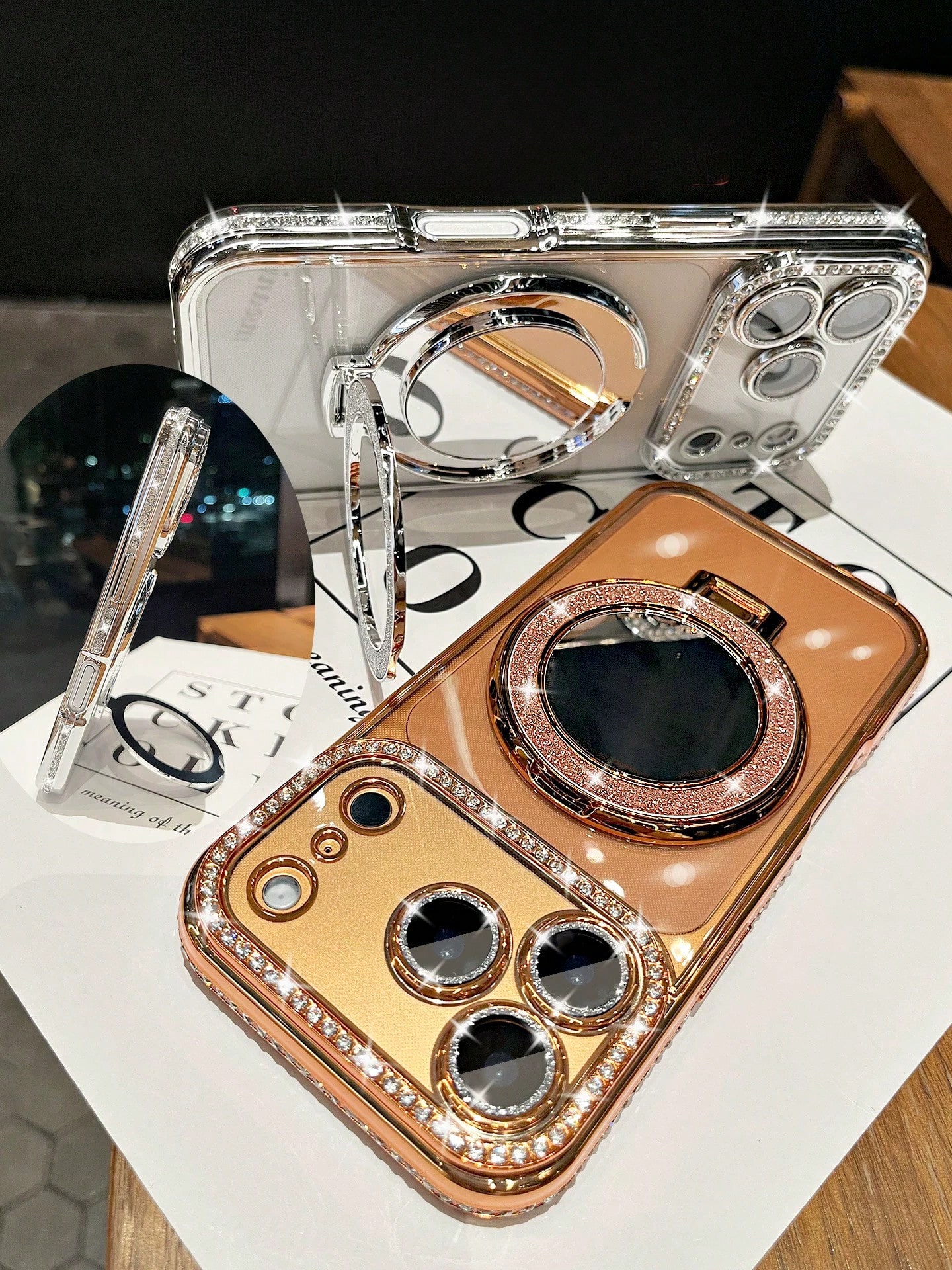 حافظة هاتف مطلية بالرينستون والمرآة الفاخرة، مقاوم...