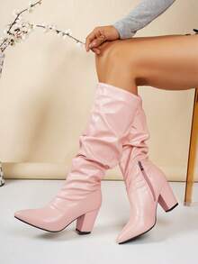 Women's Embroidered Ruched Western Floral Pattern Chunky Heel Fashion Boots