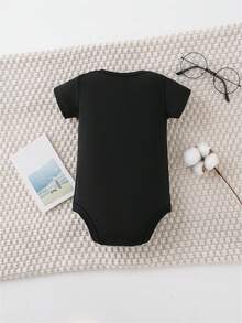 100% Cotton, Casual Short-Sleeved , Interesting Letter Print Baby , Round Neck , Easy To Change Diapers, Suitable For Both Boys And Girls, Suitable For Indoor And Outdoor Wear In Summer, - 黑色 - 查看 2
