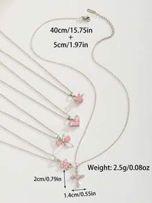 5style Sweet Dainty Shiny Pave Pink Zirconia Bowkont/Flower/Heart/Planet/Cross Pendant Necklace Girls Elegant Stylish Clavicle Chain Necklace Match All Seasons - Silver - View 5