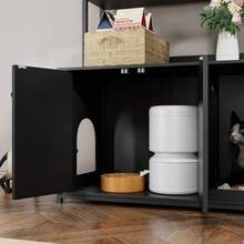 Caja de arena para gatos de 132x45x90cm, armario de madera oculto con estantes y encimera, mueble grande para gatos con puertas magnéticas, pared divisoria independiente y alfombrilla rascadora, negro - Negro - Ver 5