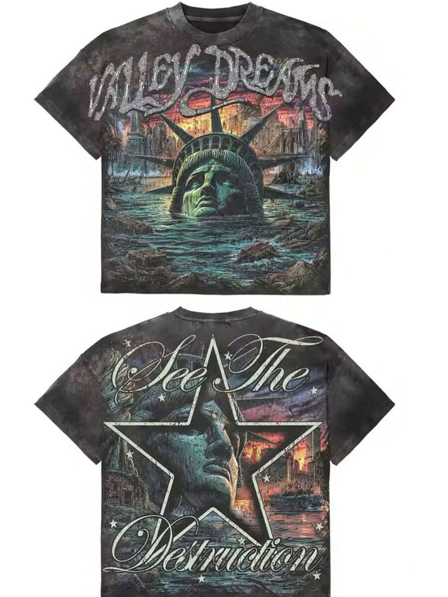 Valley Dreams See The Destruction Statue Of Liberty   Men's Retro 220g Cotton T-Shirt, Printing Grunge Style, Street Clothes,Christianity Clothing, Large T-Shirt,  Jesus Shirt,Graphic Y2K Shirt, T-Shirt, Christian Clothes ,Gothic Pun - 黑色 - 查看 1