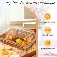 13.8*9.8 Inch Woven Bread Basket With Lid, Farmhouse Style Rattan Storage Bin For Fruits, Vegetables & Rolls, Kitchen Counter & Dining Table Organizer, Rectangular Serving Basket For Party Valentine's Day Home Gifts - Brown - View 9