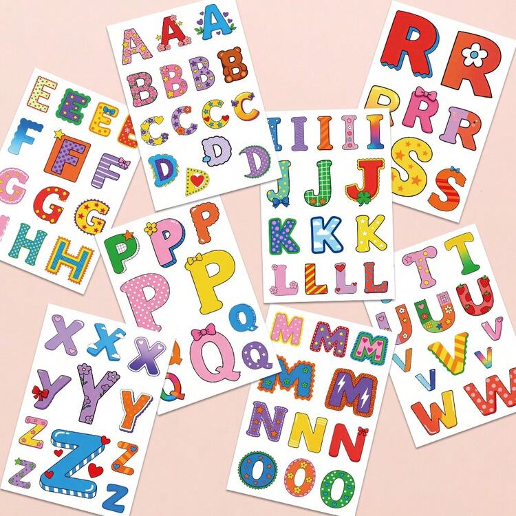 8Sheets English Letter Puzzle Stickers Cartoon Graffiti Decal DIY Notebook Journal Phone Stationery Bicycle Stickers For Students - Multicolor - View 3