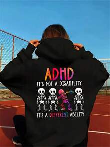 Women's ADHD Awareness Graphic Hoodie - Black Casual Loose Fit Hooded Sweatshirt With Skeleton & Print, Geometric Pattern, Washable, Autumn Winter Streetwear, Autumn Winter Apparel, Comfortable S Apparel, Streetwear Fashion, Avantgarde Fashion, Durable Material, Streetwear Lovers - 黑色 - 查看 1