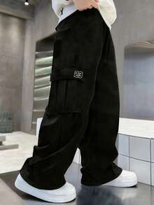 1pc Young Boy Fashionable Casual Loose Fit Straight Leg Cargo Pants - Black - View 4