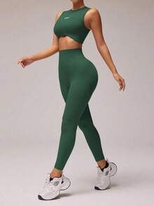2 Pc Yoga Basic Women Solid Color Round Neck Cropped Tank Top And Leggings Athleisure Set - màu xanh lá - Xem 2