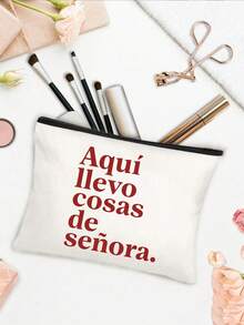 男女通用手提袋套装，包括单肩包和化妆包，简约学院风，帆布材质，米色购物袋，白色文具袋，可折叠耐用印花手提袋 - 彩色 - 查看 6