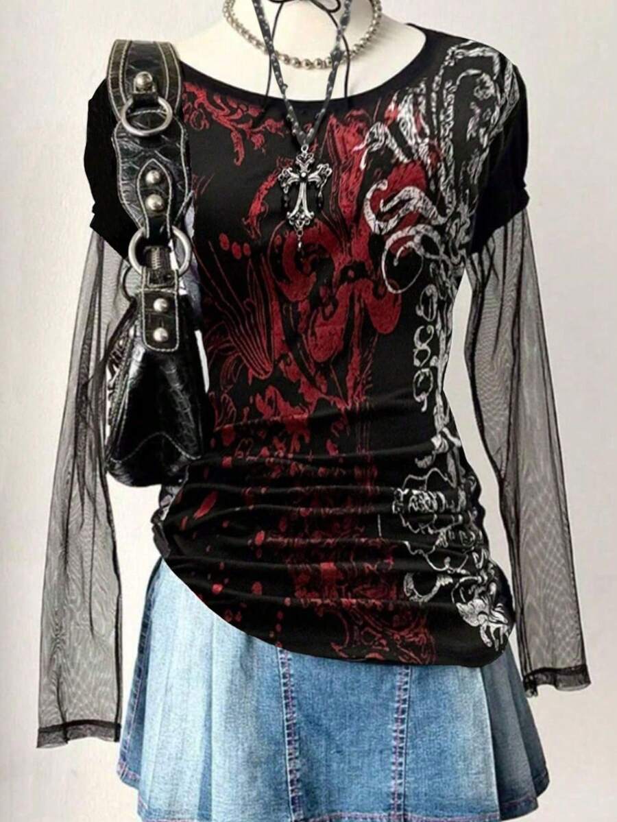 女士休闲时尚街头朋克哥特风仿扎染印花图案网眼拼接圆领长袖街头背心 - 紅色 - 查看 1