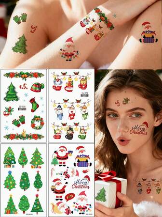 （4张/套）圣诞老人和圣诞树卡通临时纹身贴纸，防水持久，个性化性感假纹身贴纸