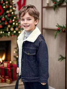 Young Boys Loose Fit Thermal Lined Denim Jacket, Suitable For Casual, School, Outdoor Wear In Autumn/Winter - Navy Blue - View 6