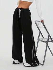 1 pieza Pantalón jogger holgado con textura de gofre, con bolsillos y diseño de rayas laterales en contraste, pierna recta, adecuado para correr al aire libre, entrenamiento en el gimnasio, uso casual, todo el año, color negro primaveral - Negro - Ver 3