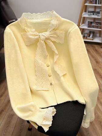 JIANHU Pastel Yellow Lace-Trim Cardigan - Fall/Winter Tie Front Knit Cardigan, Christmas Cookie Exchange & NYE Brunch