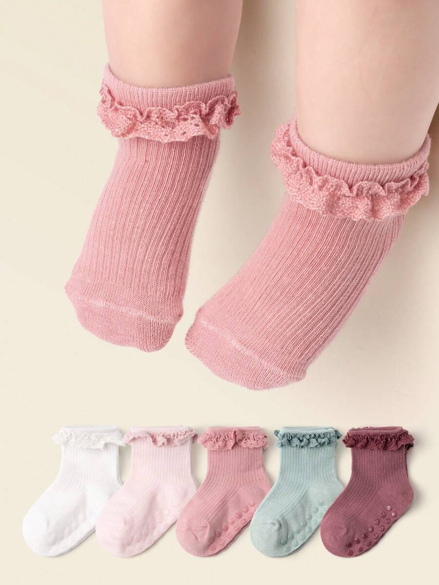 5 Pairs Cute Princess Girl Lace Trim Anti-Slip Indoor Socks For Toddlers - Multicolor - View 1