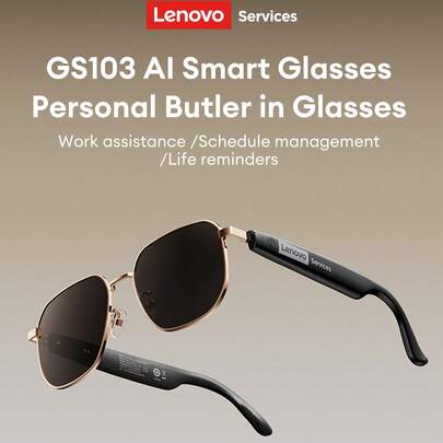  Lenovo GS103 Fashionable AI Smart Glasses, Conversation Translator, Work Assistant, HD Calling, Noise Cancelling Headphones And Glasses 2-In-1, Long Battery Life, Overseas Work And Travel, Real-Time Face-To-Face Translation, Wireless Smart Glasses