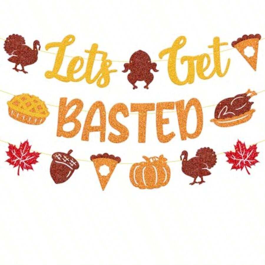 QY- Let S Get Basted Banner Friendsgiving Party Decorations Thanksgiving Maple Leaves Fall Sign For Men Women Autumn Harvest Themed Party Supplies -3788 - nhiều màu - Xem 1
