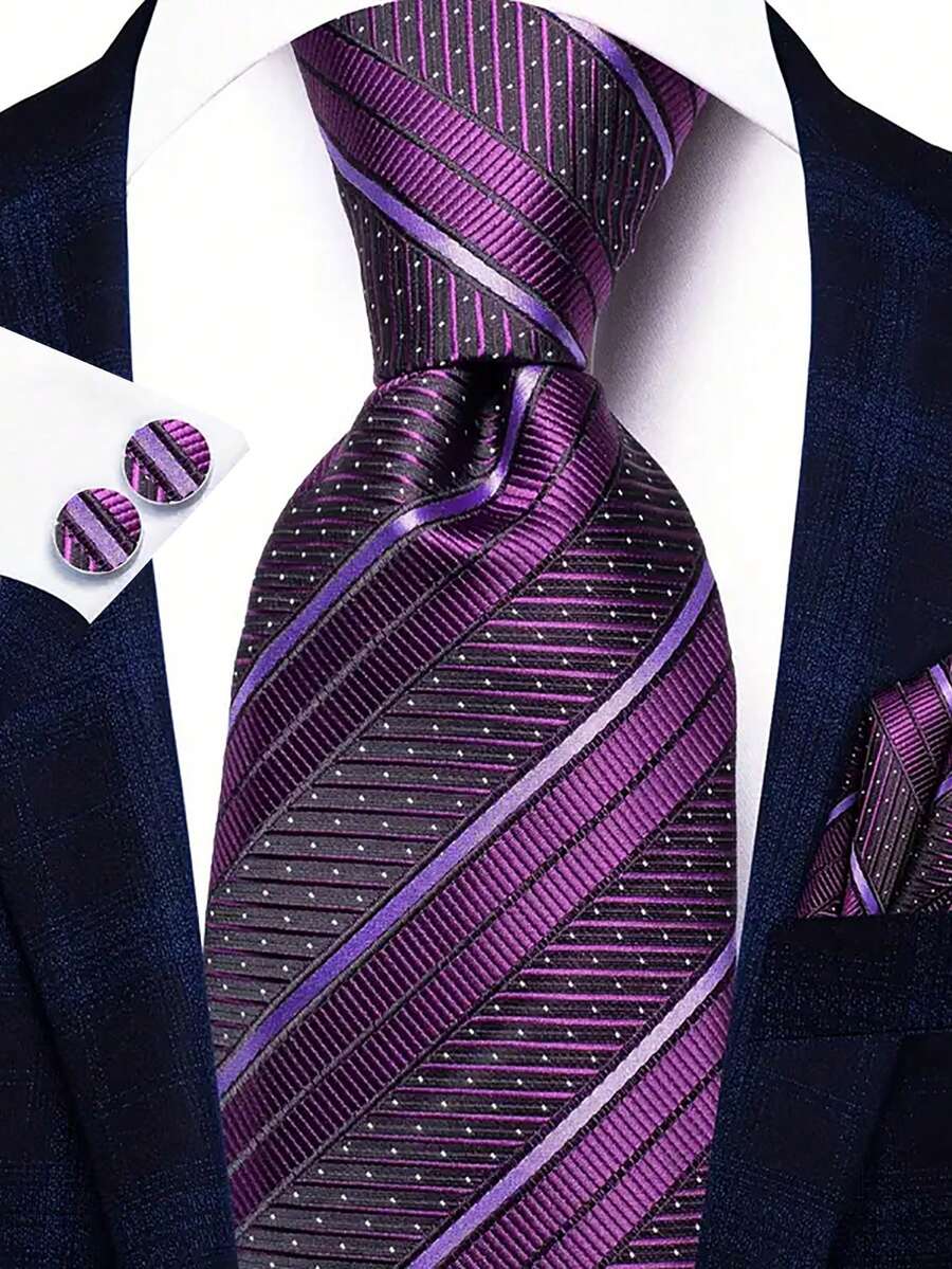 Men Tie Sets Classic Fashion Necktie Set With Cufflink For Business Party - Purple - View 1