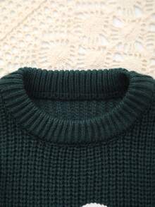 Adorable "Big Sis" Embroidered Floral Knit Sweater For Baby Girl, Soft & Cute, Essential For Sweet Little Ones - Dark Green - View 2