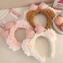 1Pcs Blush Pink Bear Ear Bow Lace Headband For Women Makeup Skincare Plush Hair Accessories Cute Christmas Party Wear Perfect Gift For Mom Friends And Kids - 白色 - 查看 4