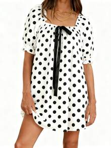 Women's Polka Dot Mini Dress Loose Bow Square Neck Puff Sleeve Short Dress For Daily/Travel - 白底黑波點 - 查看 2