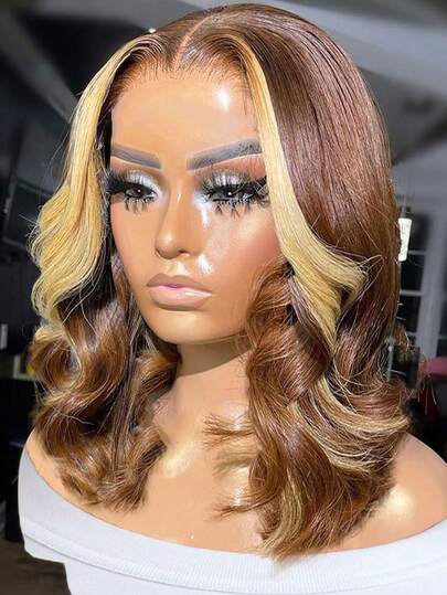 Highlight 4/27 Bob Wig Human Hair 13x4 Frontal Lace Wig Body Wave 200% Density HD Transparent Lace Front Wigs Human Hair Pre Plucked Bob Wigs For Women