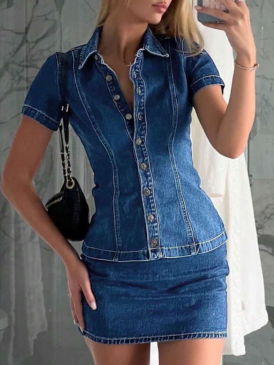 女式性感修身腰牛仔短袖上衣 - 深色水洗藍 - 查看 1