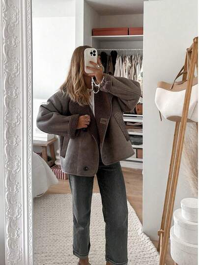 女士纯色双排扣罗纹口袋大衣，时尚翻领双扣长袖宽松休闲外套，纯色双排扣大衣，时尚日常穿着，秋冬