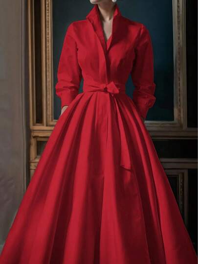 Vusalt 女士春季梭织长袖优雅通勤风系带衬衫裙，白色，适合优雅派对、情人节装扮、婚礼宾客礼服、生日礼服、外出游玩、优雅连衣裙、休闲长裙、白色连衣裙