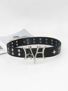 1 pieza Cinturón de estilo punk con estampado de cocodrilo, remaches con forma de estrella y hebilla de metal personalizada, cinturón de cuero decorativo de uso urbano