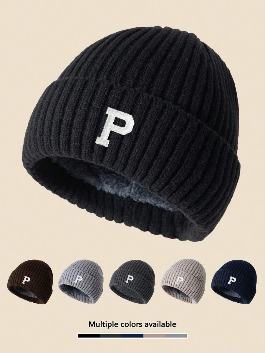 1顶P款刺绣针织帽，保暖内衬冬季帽，防风柔软舒适，简约风格，适合寒冷天气，冬季必备帽子装备 - A - 查看 1