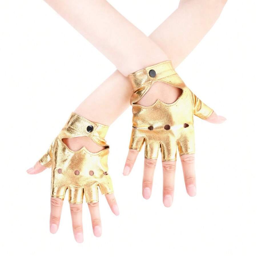 JISEN Women Heart Cutout Punk Half Finger PU Leather Performance Gloves,A-Gold - A-Gold - 查看 1