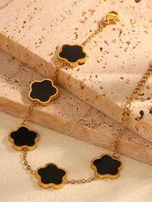 VJS 1件18K镀金不锈钢黑白花朵手链，欧美风格单面白色珍珠母贝四叶草手链，适合女性在派对和日常佩戴。 - 手鍊 - 查看 1