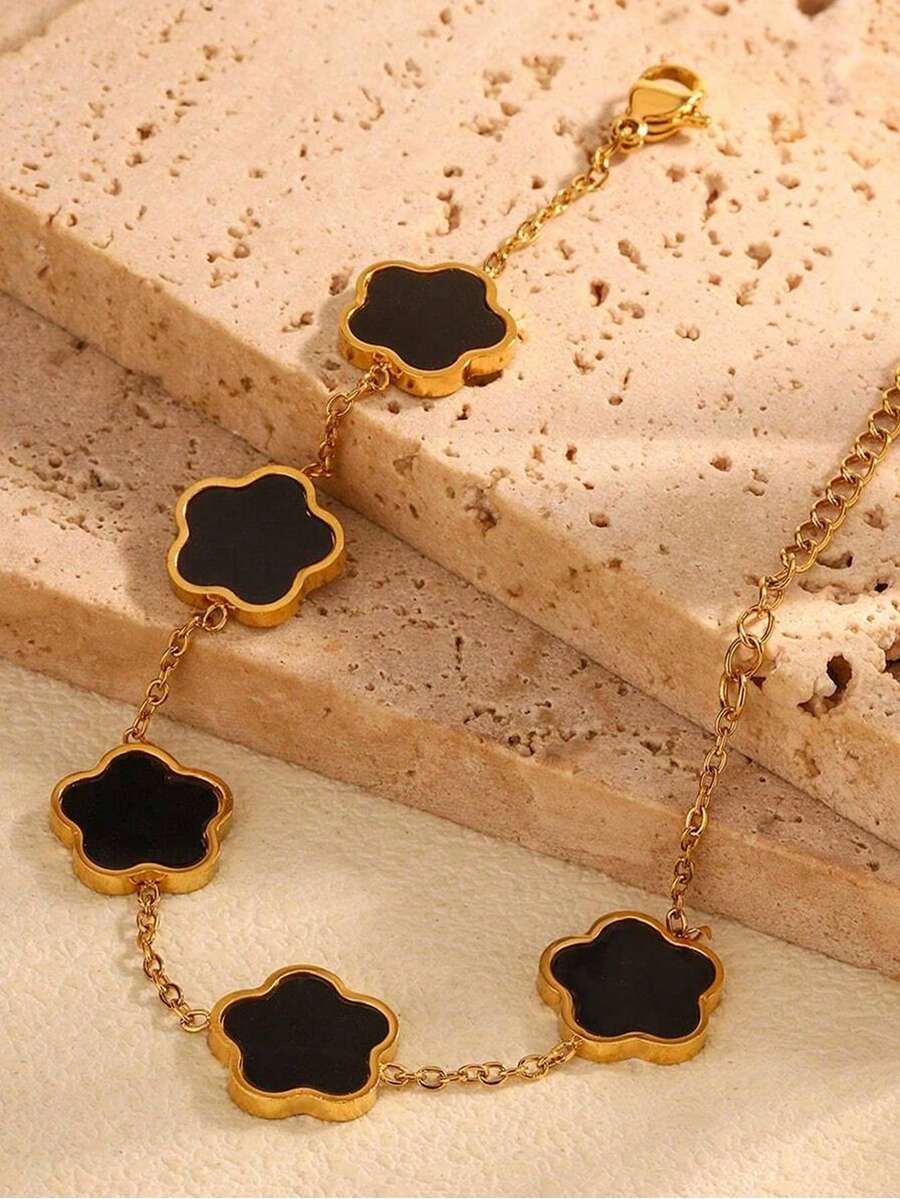 VJS 1件18K镀金不锈钢黑白花朵手链，欧美风格单面白色珍珠母贝四叶草手链，适合女性在派对和日常佩戴。 - 手鍊 - 查看 1